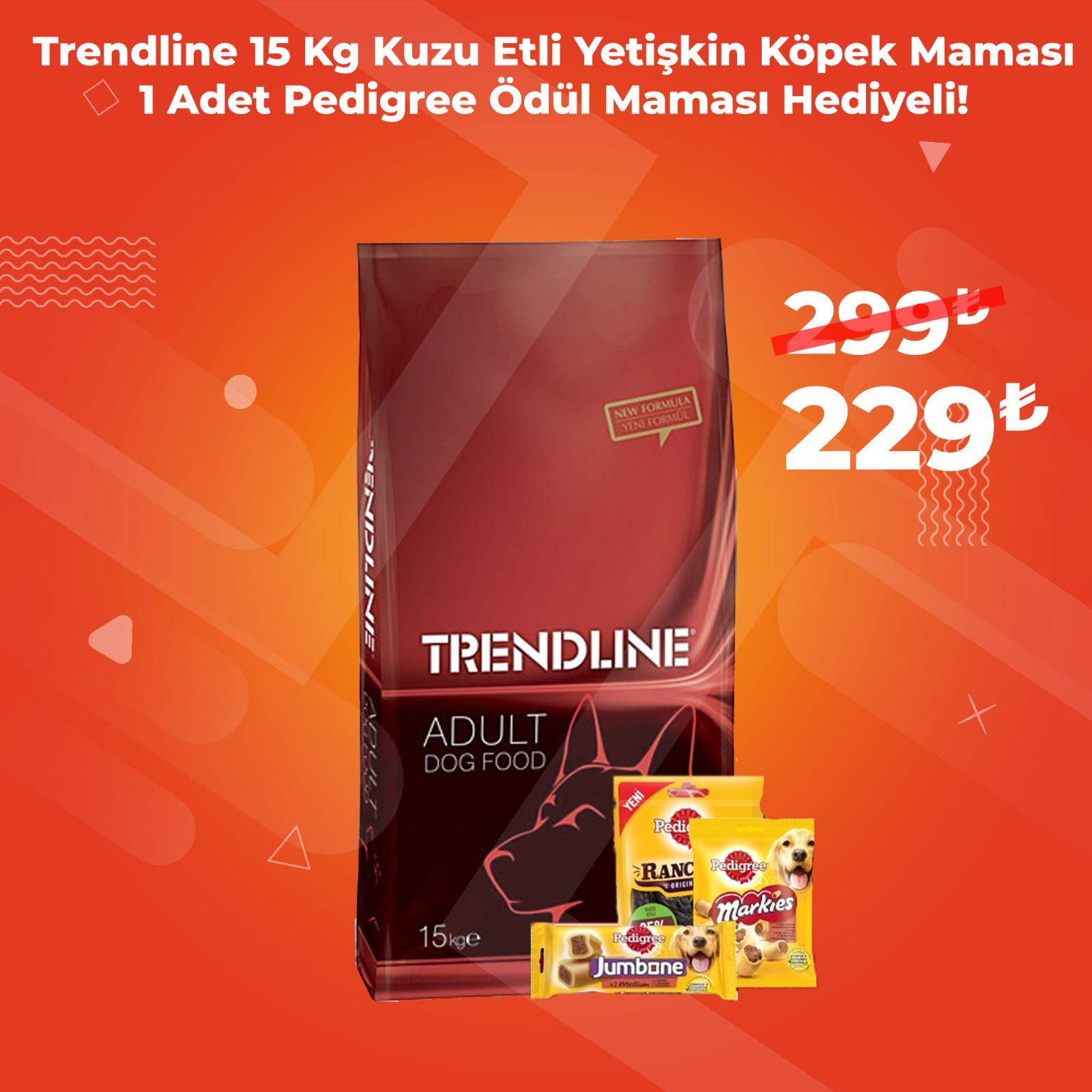 Trendline Kuzu Etli Yetişkin Köpek Maması 15 Kg + 1 Adet Pedigree Ödül Maması Hediye