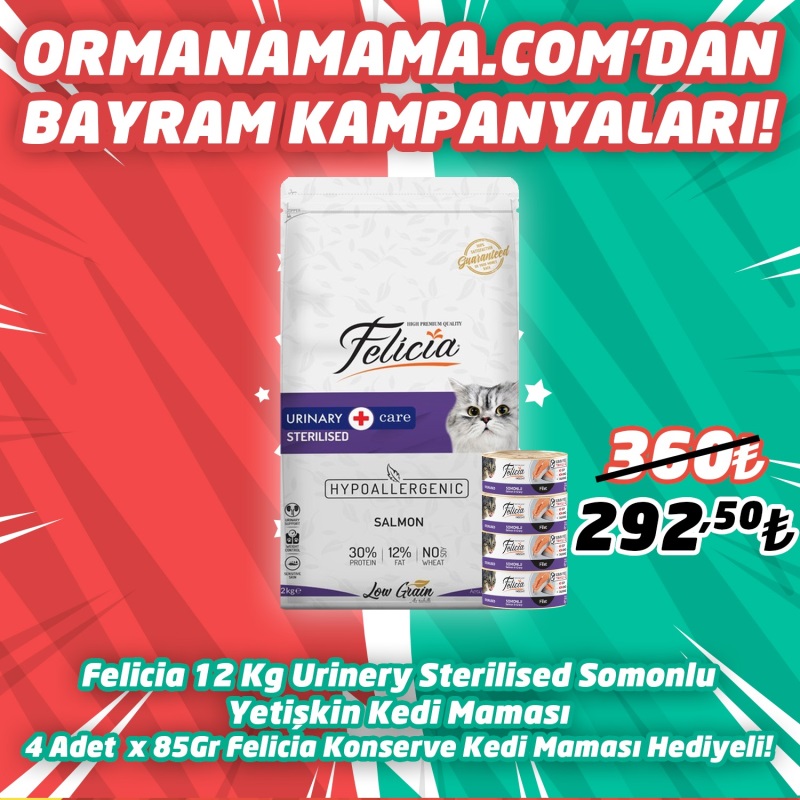 Felicia High Premium Düşük Tahıllı Urinary Somonlu Kısırlaştırılmış Kedi Maması 12 Kg  4 Adet Felicia 85 Gr Konserve Hediye