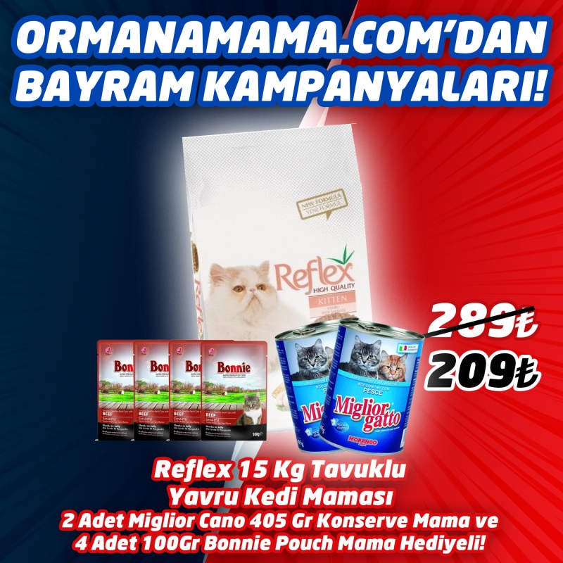 Reflex Tavuklu Yavru Kedi Maması 15 Kg  2 Adet Miglior Gatto Konserve, 4 Adet 100 Gr Bonnie Pouch Hediye