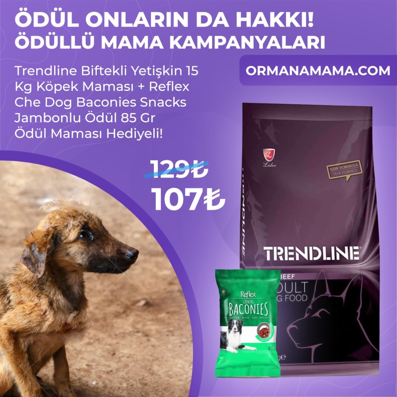 Trendline Biftekli Yetişkin 15 Kg Köpek Maması + Reflex Che Dog Baconies Snacks Jambonlu Ödül 85 Gr  Ödül Maması Hediyeli!