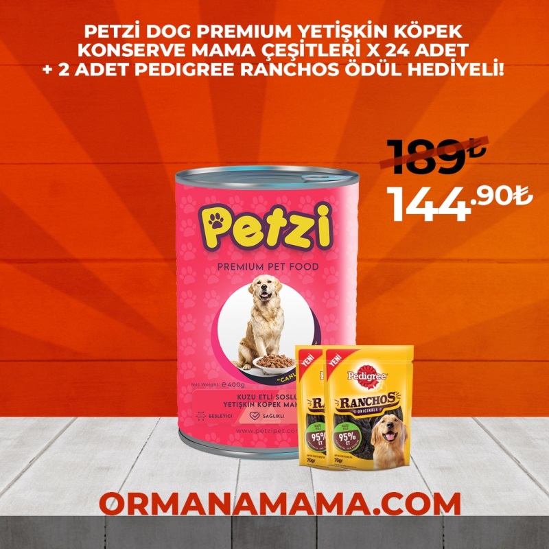 PETZİ DOG PREMIUM YETİŞKİN KÖPEK KONSERVE MAMA ÇEŞİTLERİ X 24 ADET + 2 ADET PEDIGREE RANCHOS ÖDÜL HEDİYELİ!