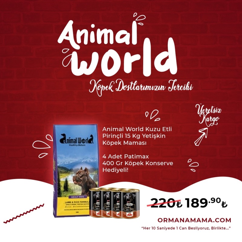 Animal World Adult Dog Kuzu Etli Ve Pirinçli Yetişkin Köpek Maması 15 Kg + 4 Adet Patimax Köpek Maması Hediye